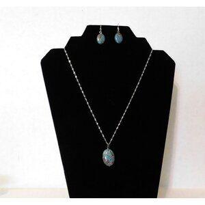 Turquoise Brown Stone Necklace Fishhook Pierced Earrings 20" Silver Tone Chain